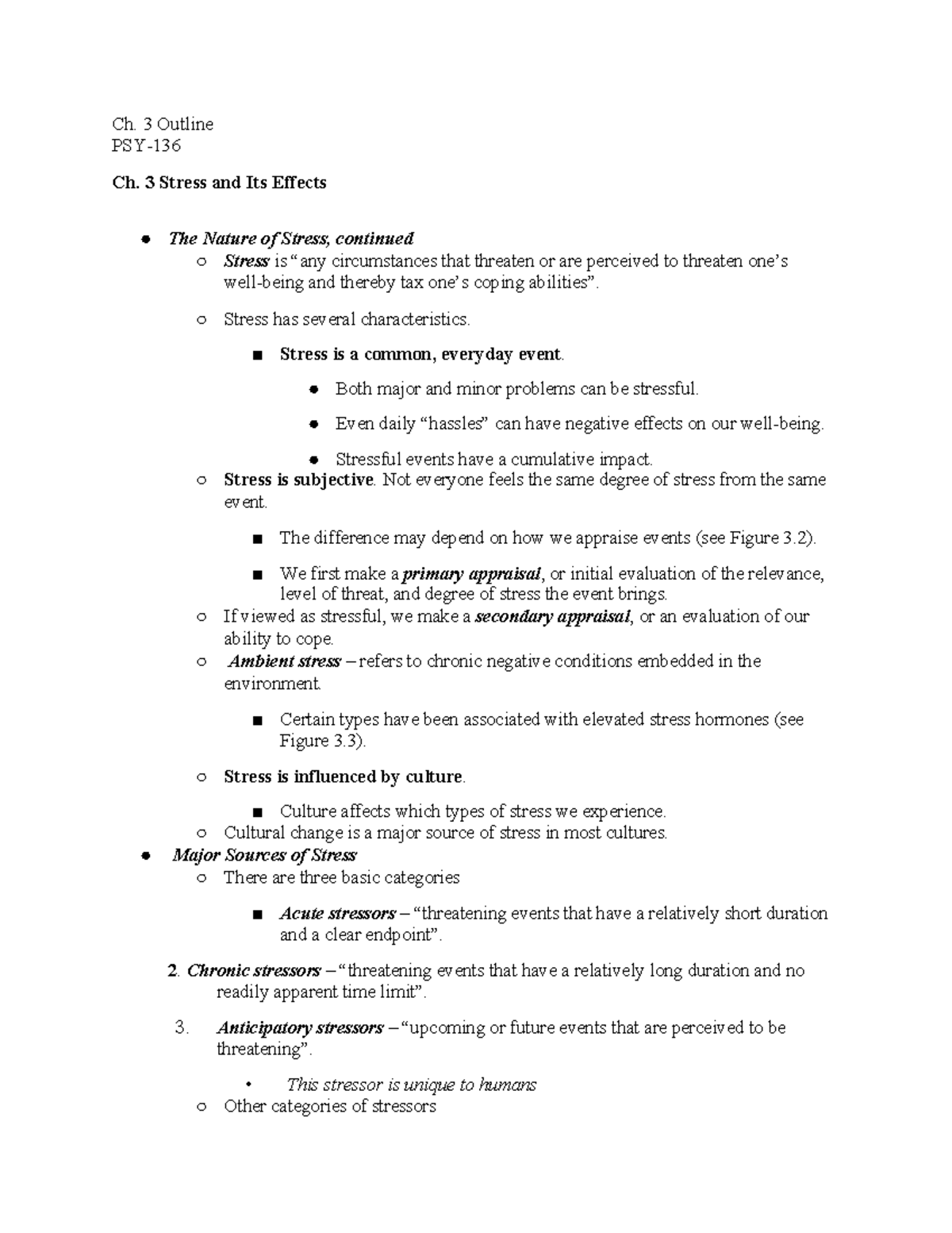 PSY Class Notes Ch 3 - Test 1 Chapter 3: Stress And Its Effects - Ch. 3 ...