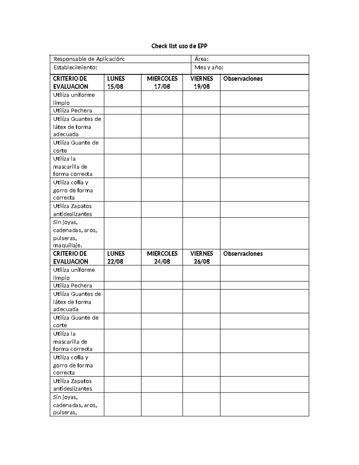 600155314 Check list uso de EPP - Check list uso de EPP Responsable de ...