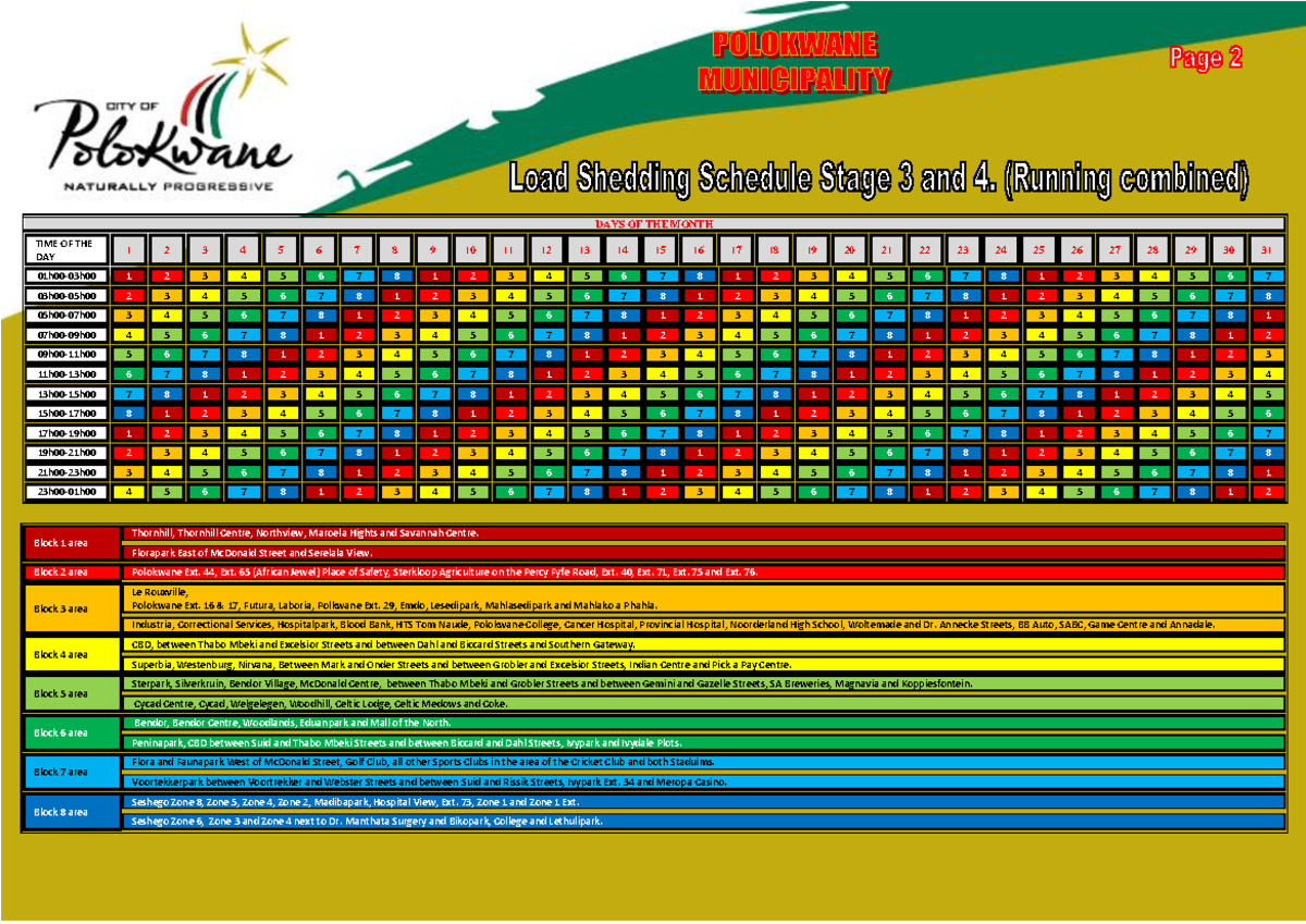 Load Shedding Stage 3 and 4 - DAYS OF THE MONTH TIME OF THE DAY 1 2 3 4 ...