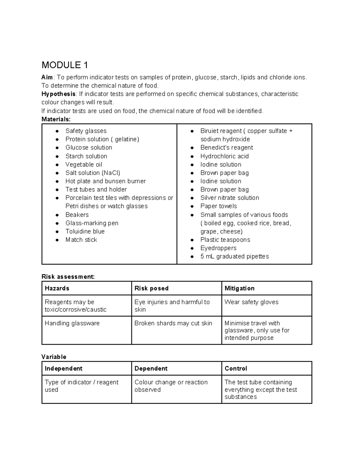 Bio depth study - MODULE 1 Aim: To perform indicator tests on samples ...