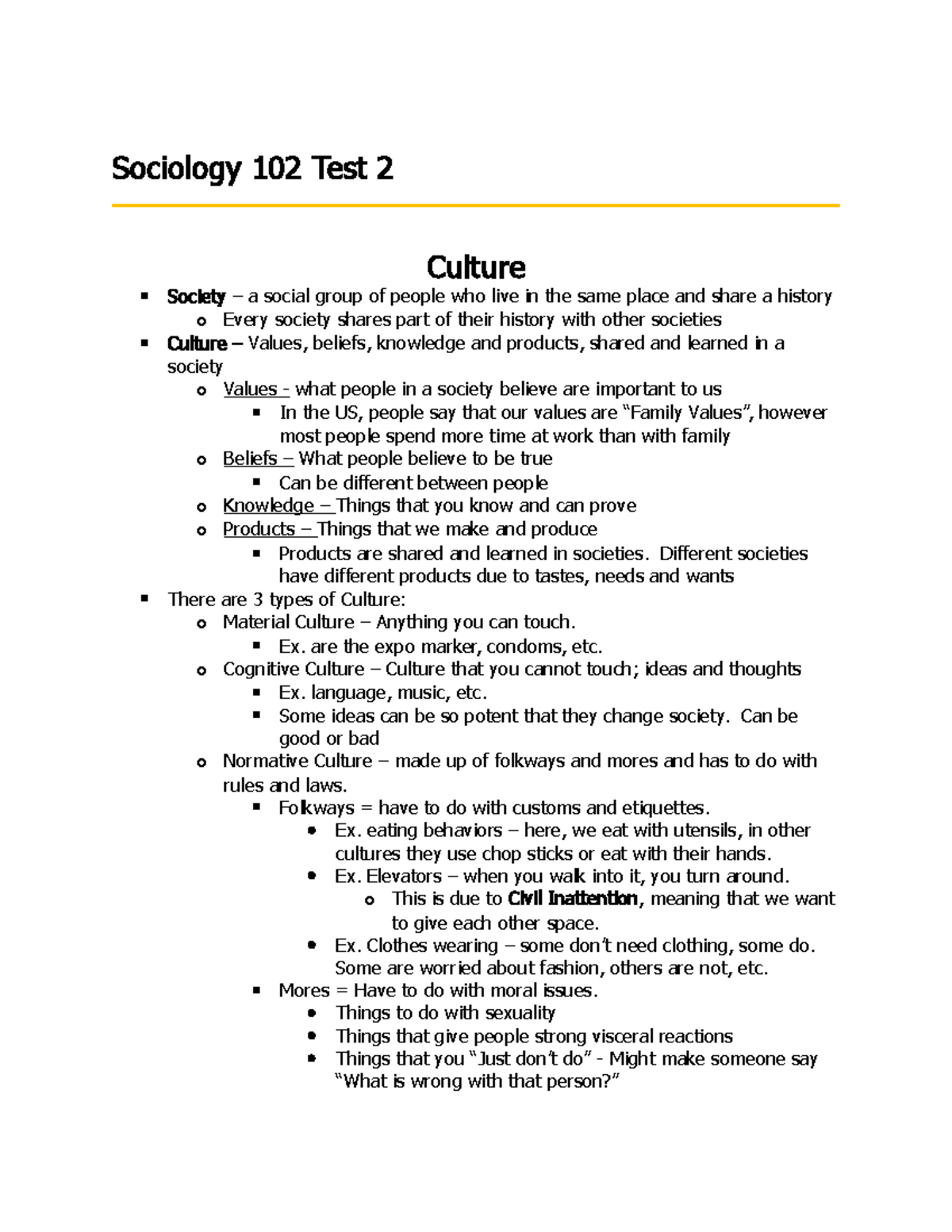 Sociology 102 Test 2 - Lecture notes for test 2 with Rebecca Hensley ...