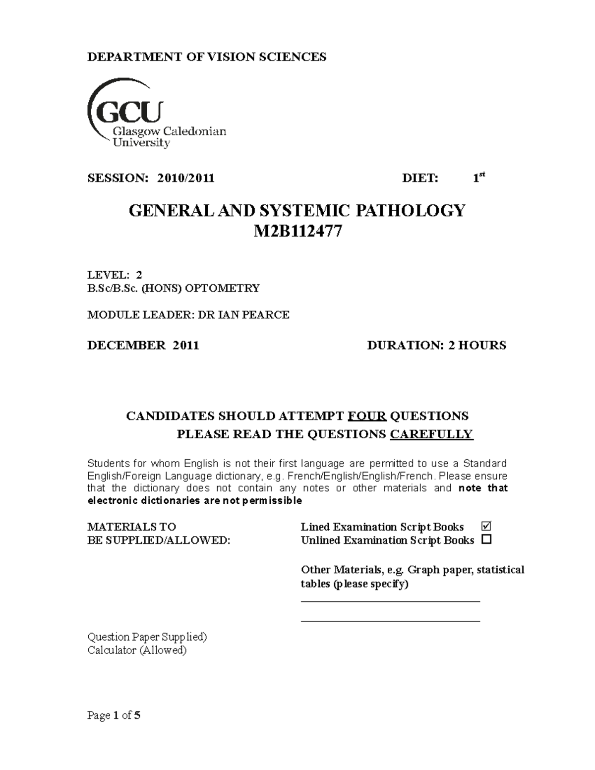 GSP past paper Dec 11 - DEPARTMENT OF VISION SCIENCES SESSION: 2010/ ...