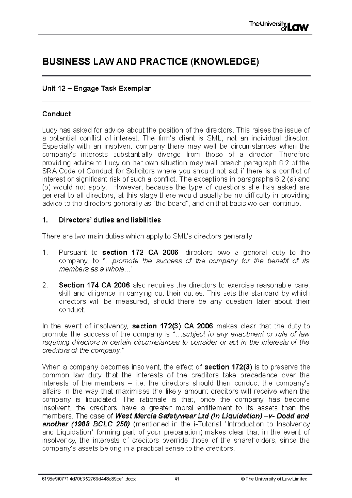 Insolvency Engage Task Exemplar Answers BUSINESS LAW AND PRACTICE
