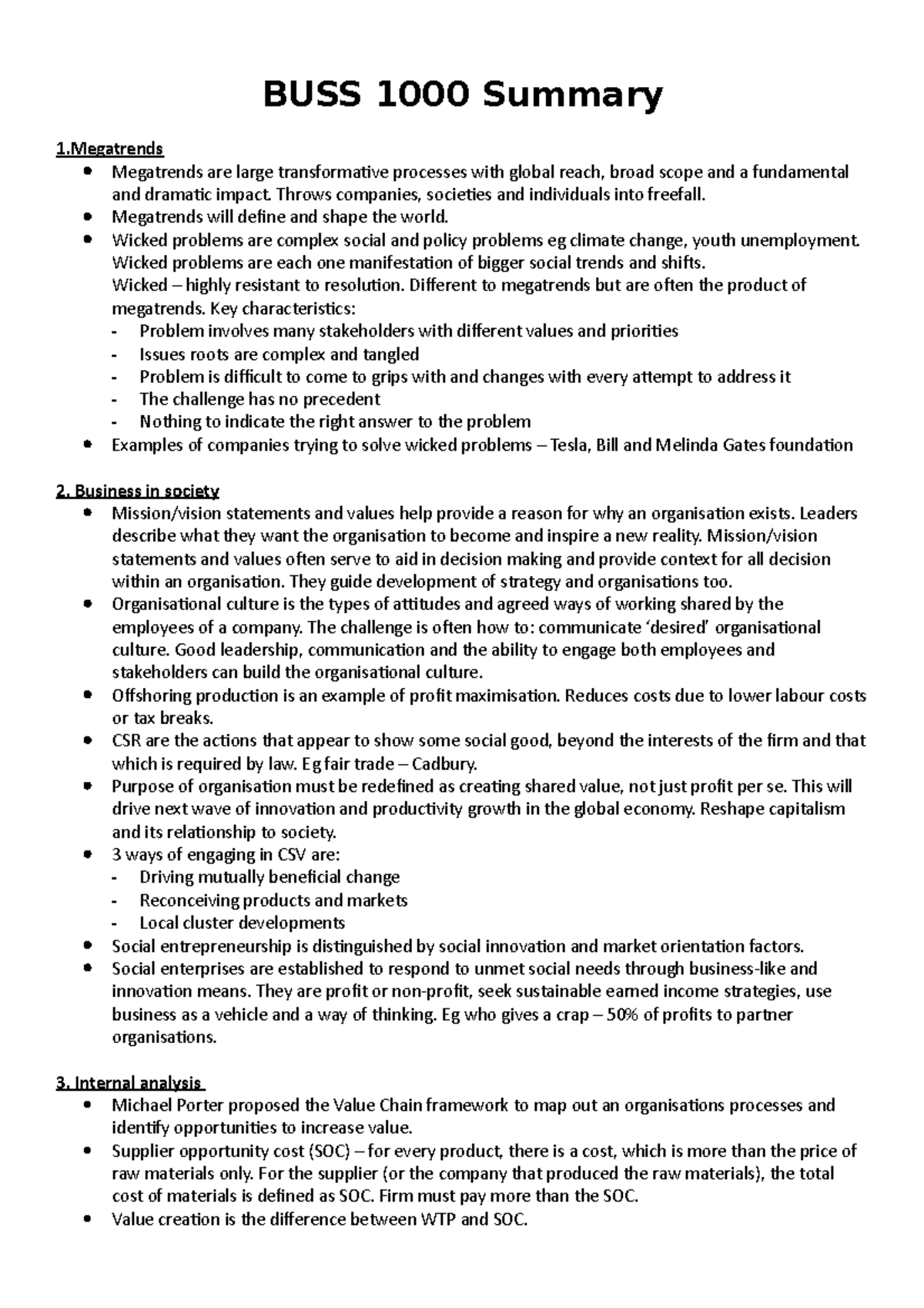 BUSS 1000 Summary Lecture Notes - BUSS1000 - USyd - StuDocu