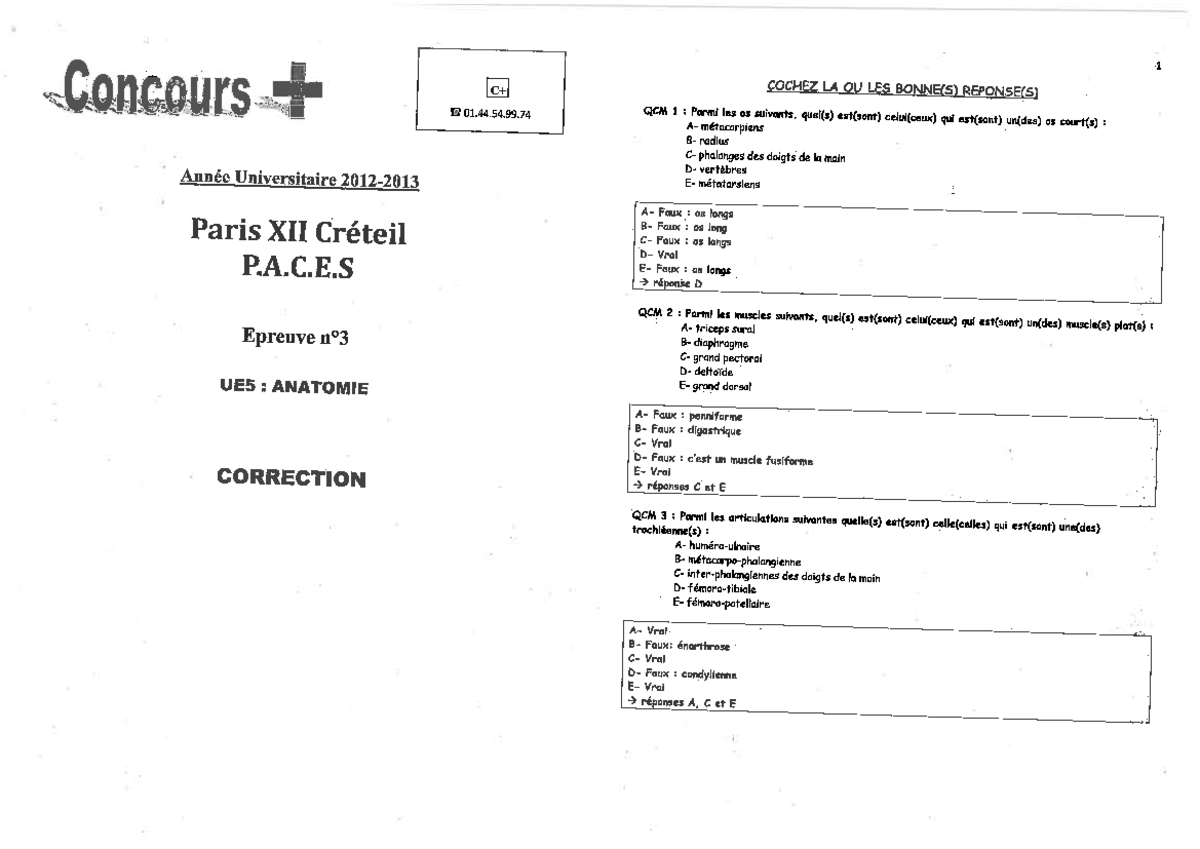 Examen 2013, Réponses - COCHEZ LA OU LES BONNEISI REPQNSEISI + ‘ QCM I ...