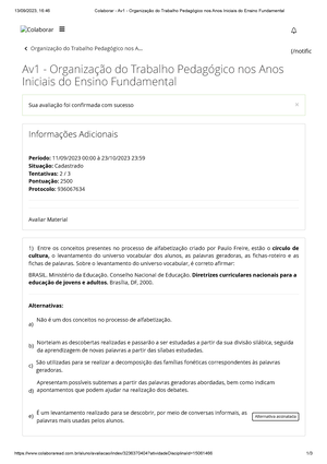 Av1 Organização Do Trabalho Pedagógico No Ensino Fundamental - Você ...