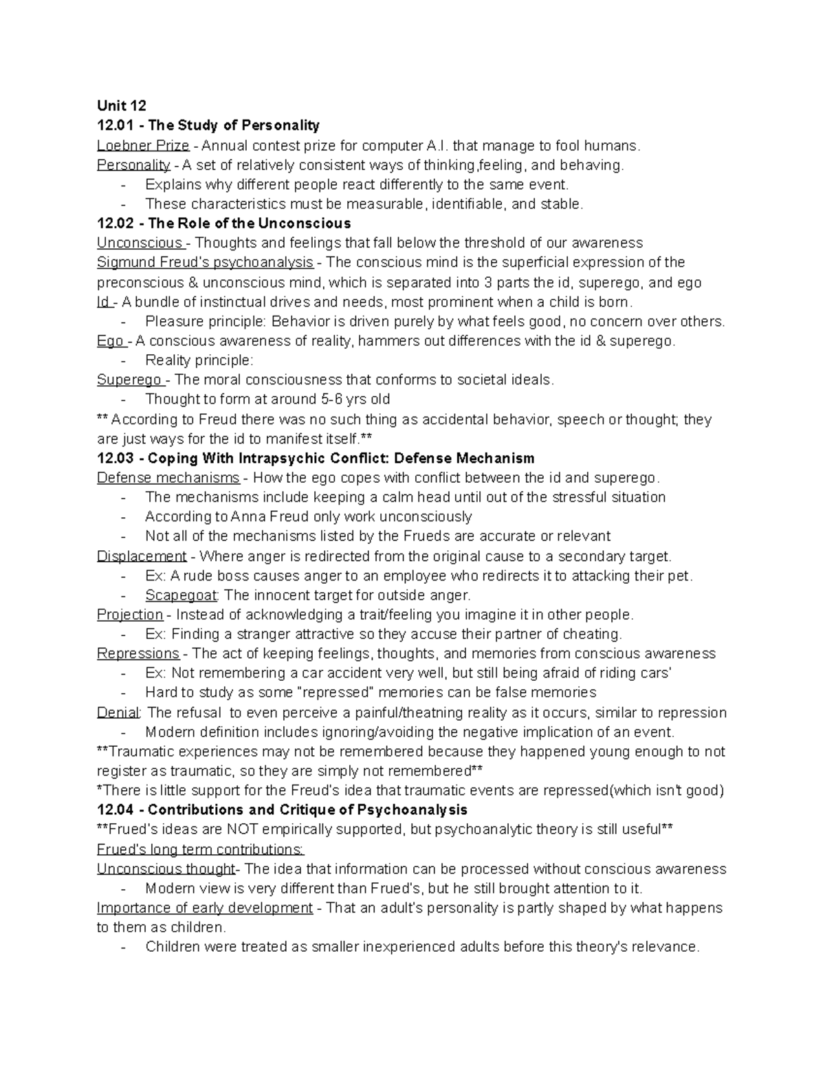 Unit 12 - Personality - Unit 12 12 - The Study of Personality Loebner ...