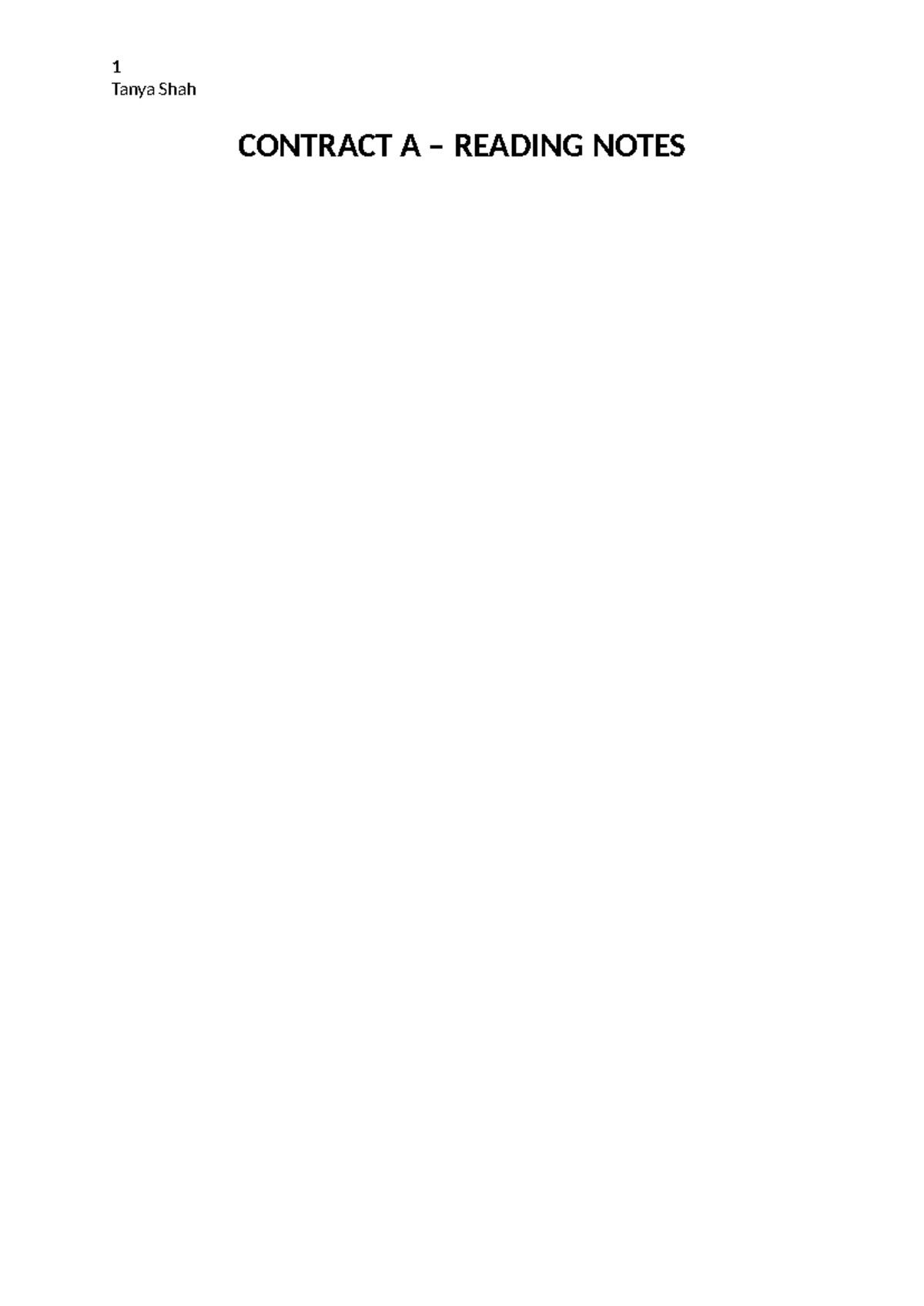 Contract A - reading notes - LAW2101 - 1 Tanya Shah CONTRACT A ...