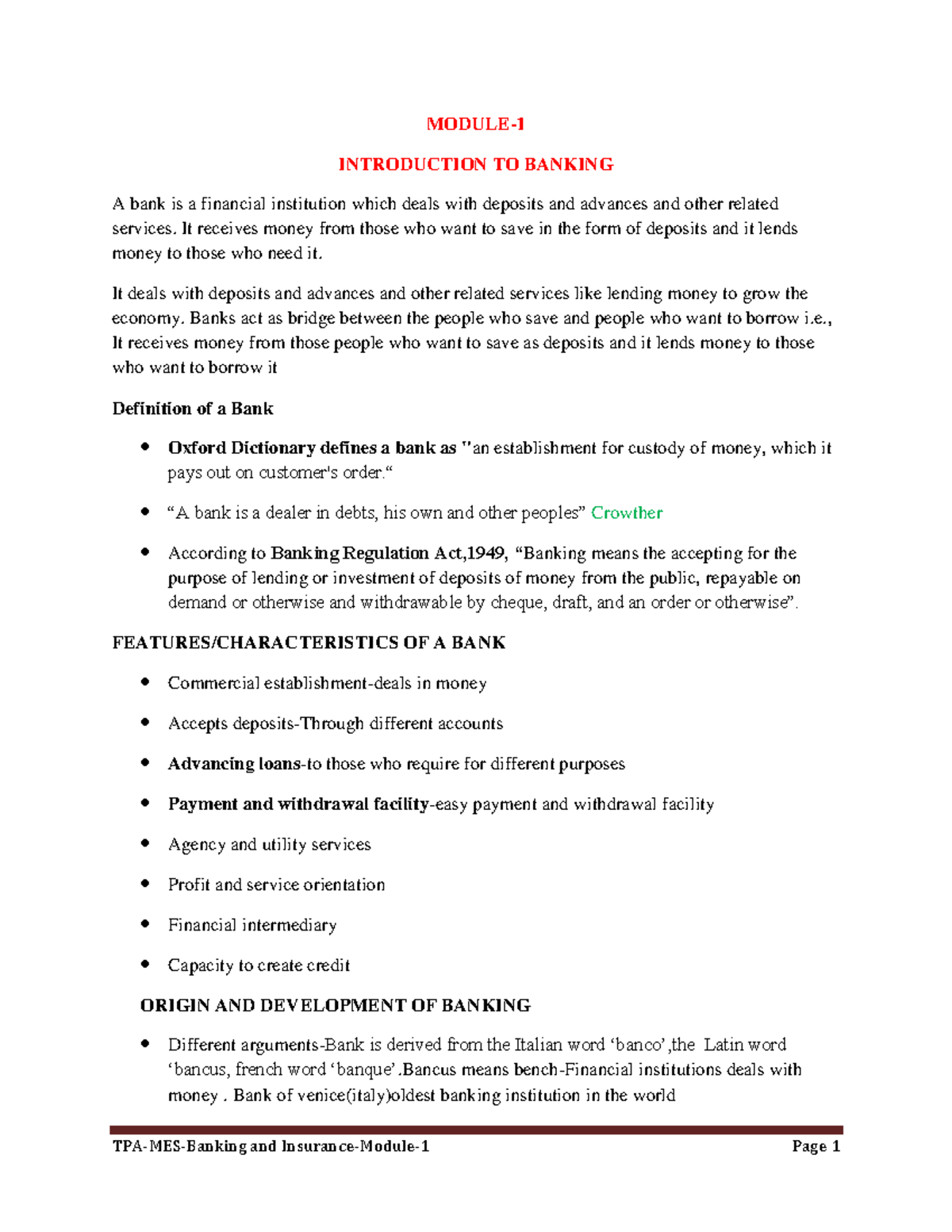 Module 1-Introduction to banking-cov - Banking and Insurance - Studocu