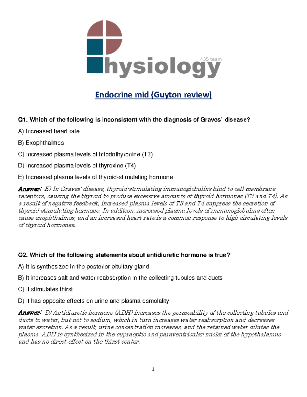 MCQs for midblock endocrine physioogy - Endocrine mid (Guyton review ...