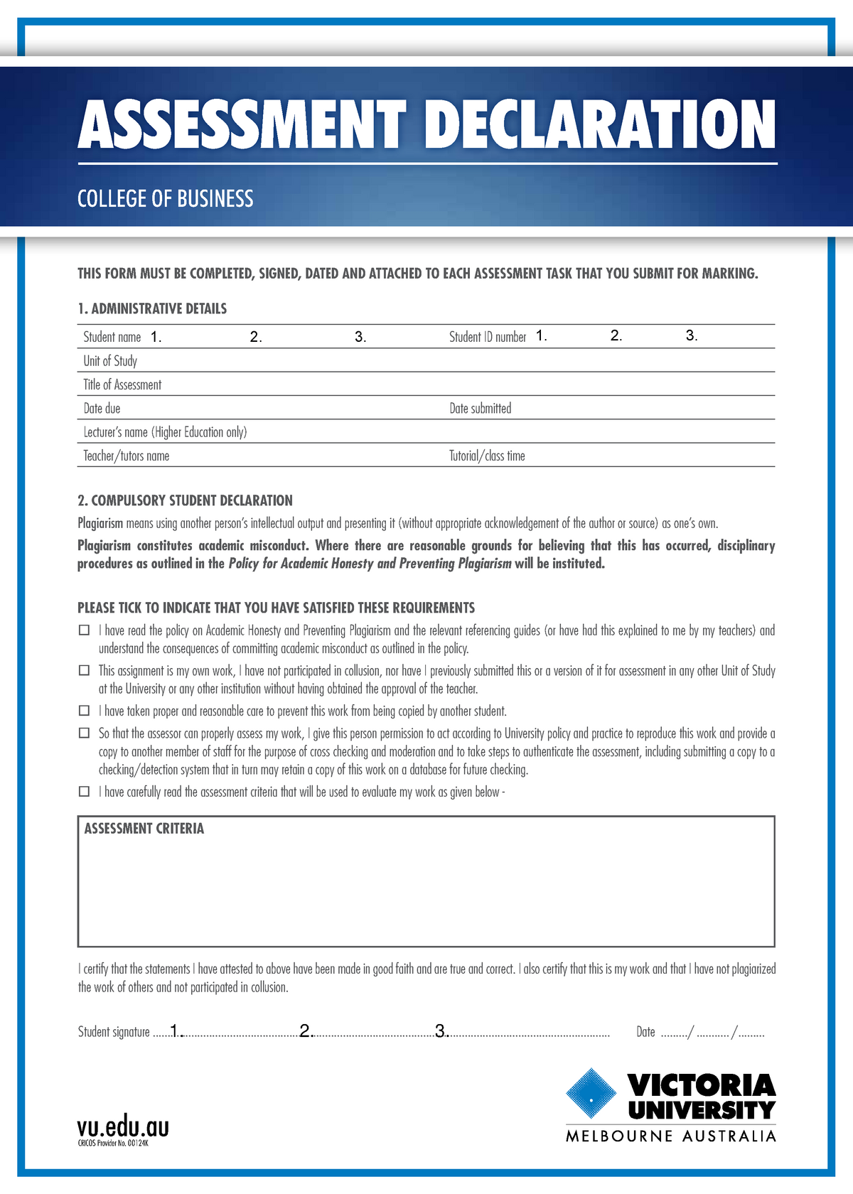 victoria university assignment cover sheet