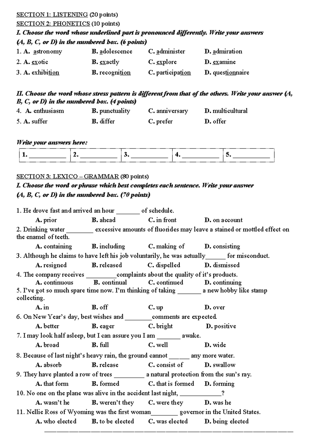 DE ON HSG TINH 9, 2021 - SECTION 1: LISTENING (20 Points) SECTION 2 ...