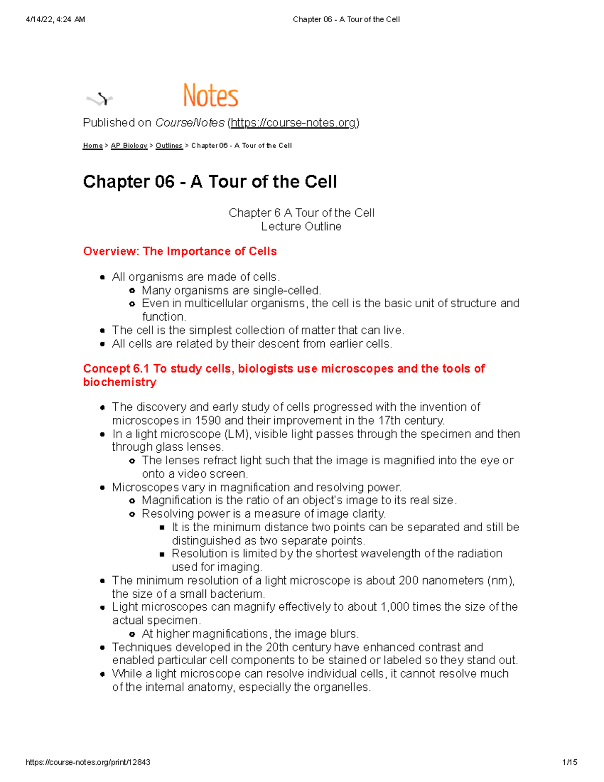 Chapter 06 - A Tour of the Cell - BIO 202 - SBU - Studocu