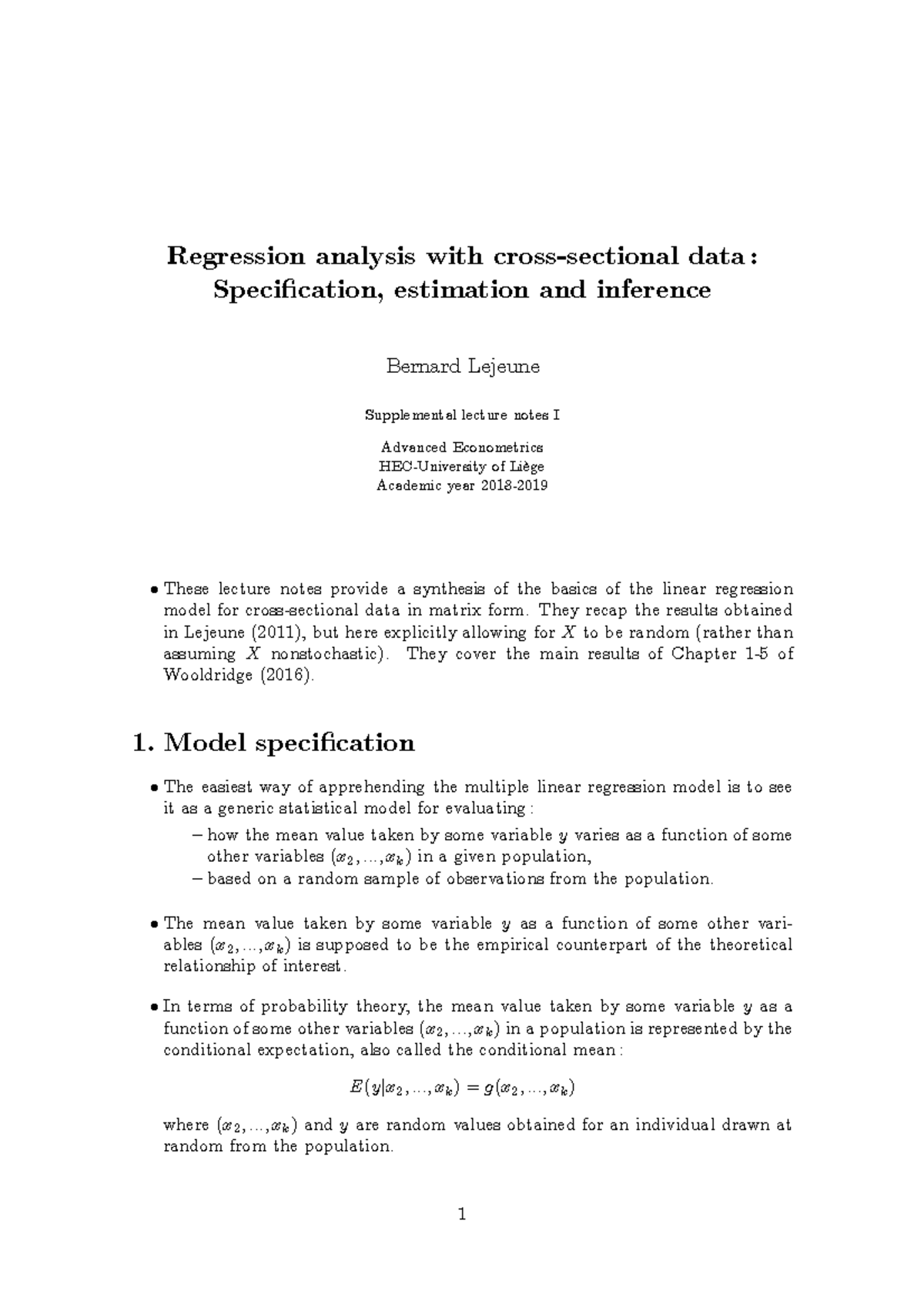 Lecture notes Chap 1 to 5 - Regression analysis with cross-sectional ...