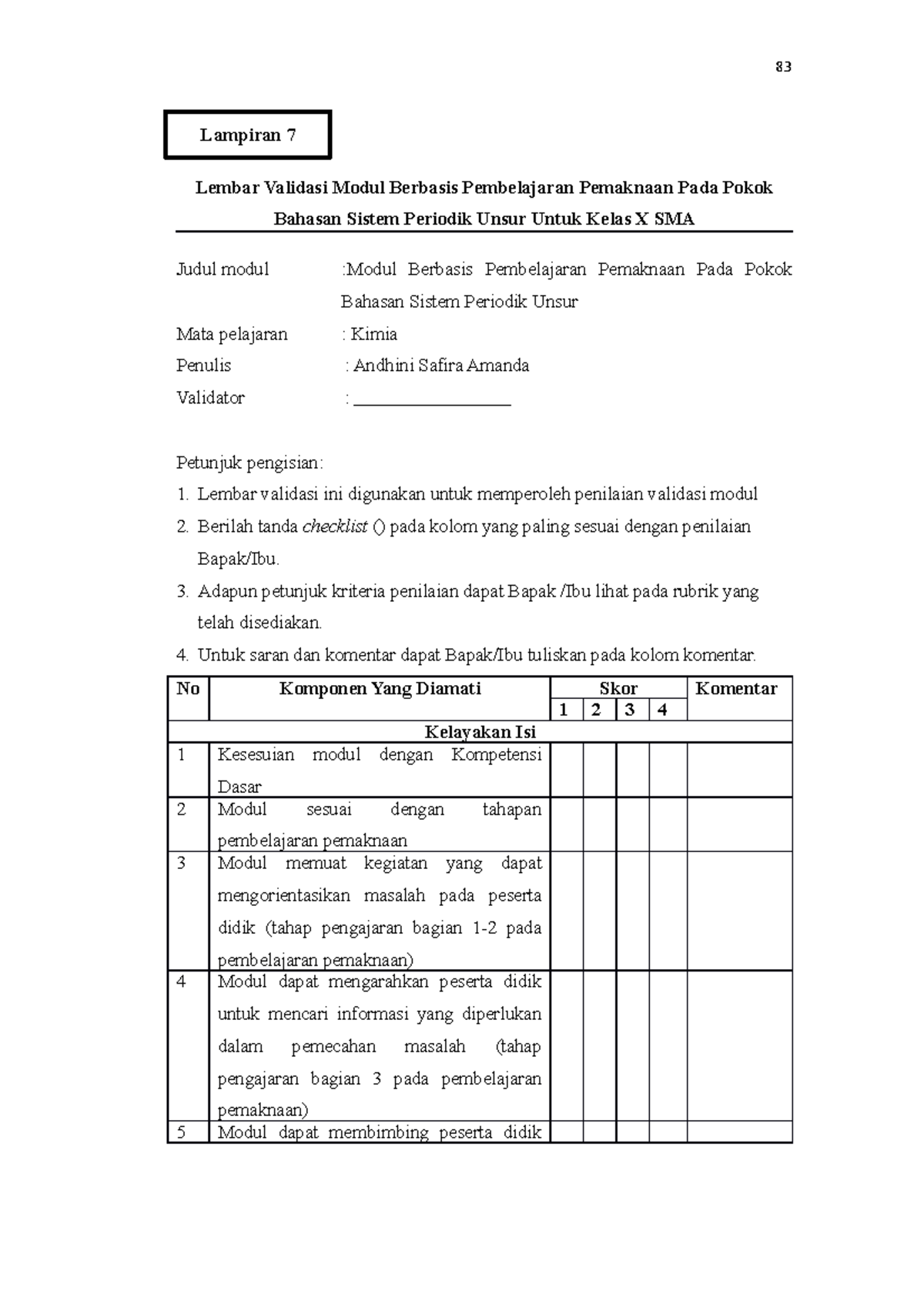 Lampiran 7 Dan 8 Lembar Validasi Dan Rubrik - Lembar Validasi Modul ...
