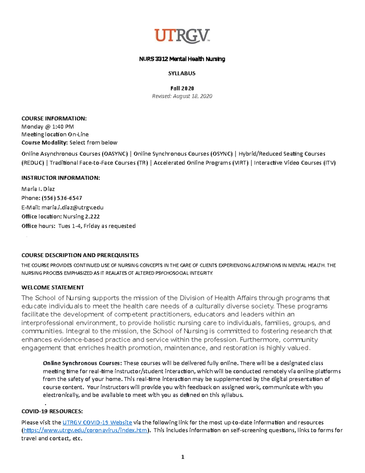 Utrgv Fall 2022 Calendar Utrgv Fall 2020 Course Syllabus 1 - 26052 - Mental Health Nursing - -  Studocu