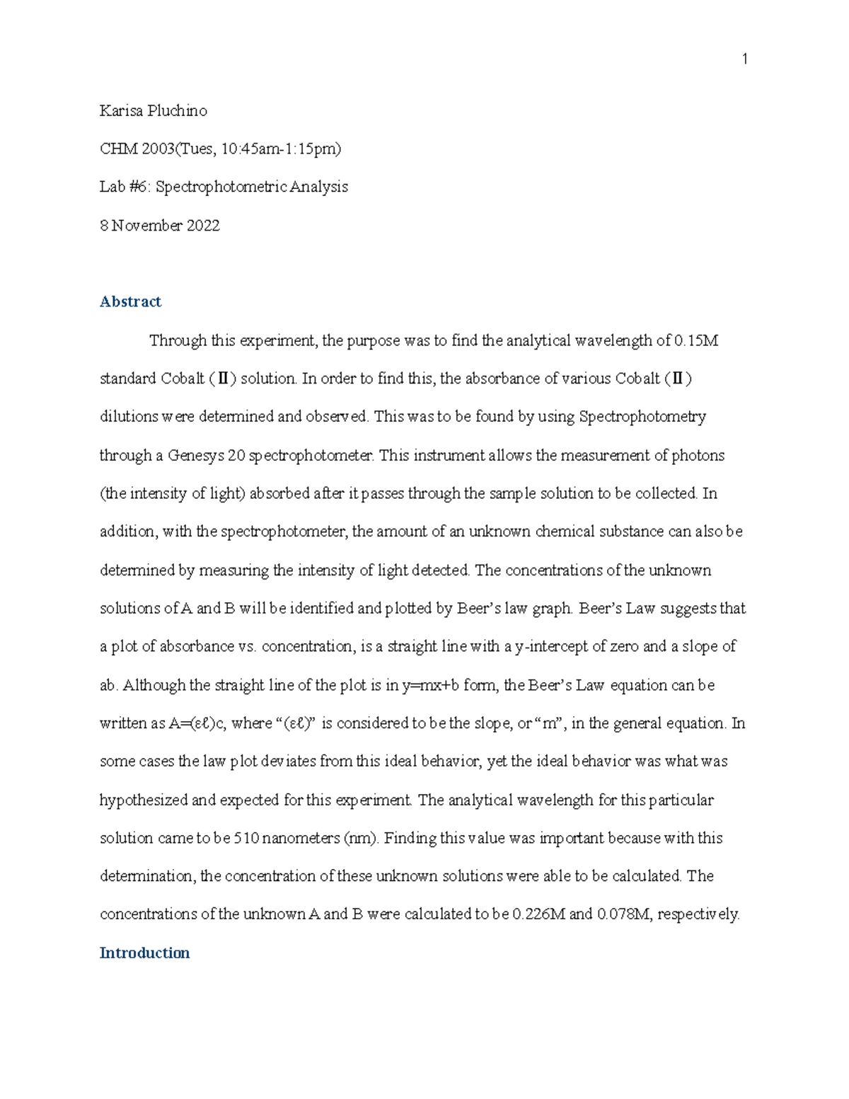 Spectrophotometric Analysis Lab Report Karisa Pluchino CHM 2003(Tues