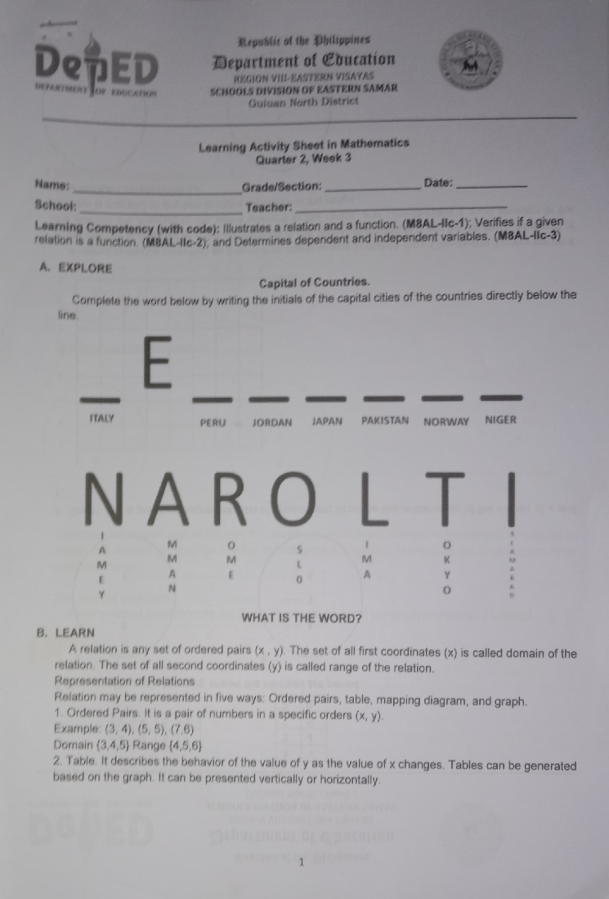 Learning Activity Sheet IN Mathematics Quarter 2.Week 3 - Republit of ...
