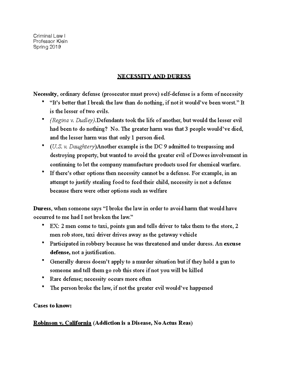 Necessity AND Duress - Lecture notes 3-4 - Criminal Law I Professor ...