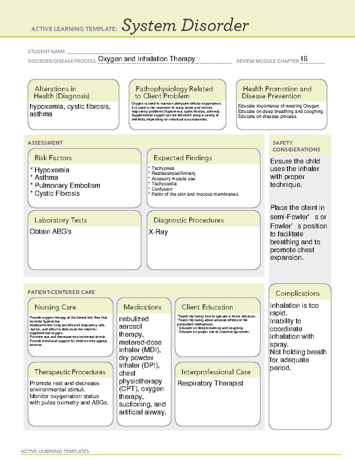 Oxygen and Inhalation Therapy system disorder restricted ( chap 16 ...