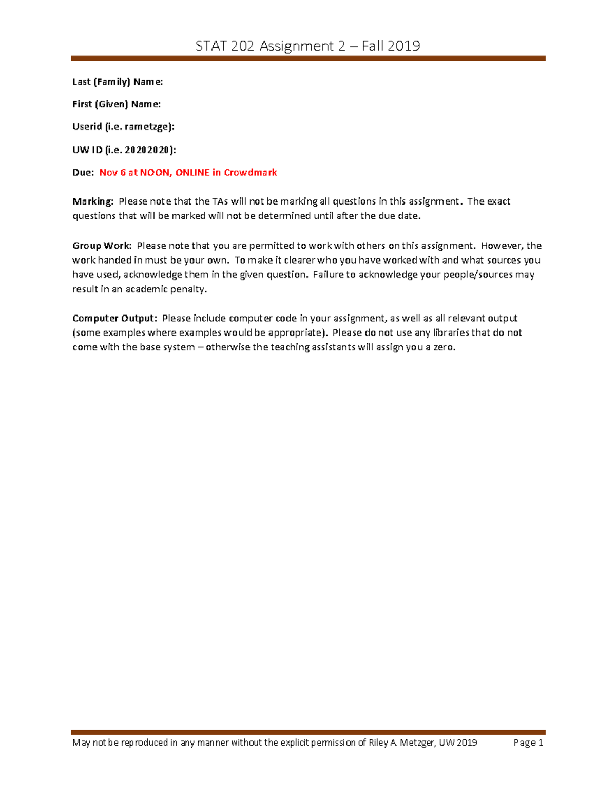 STAT 202 Assignment 2 Fall 2019 - Studocu