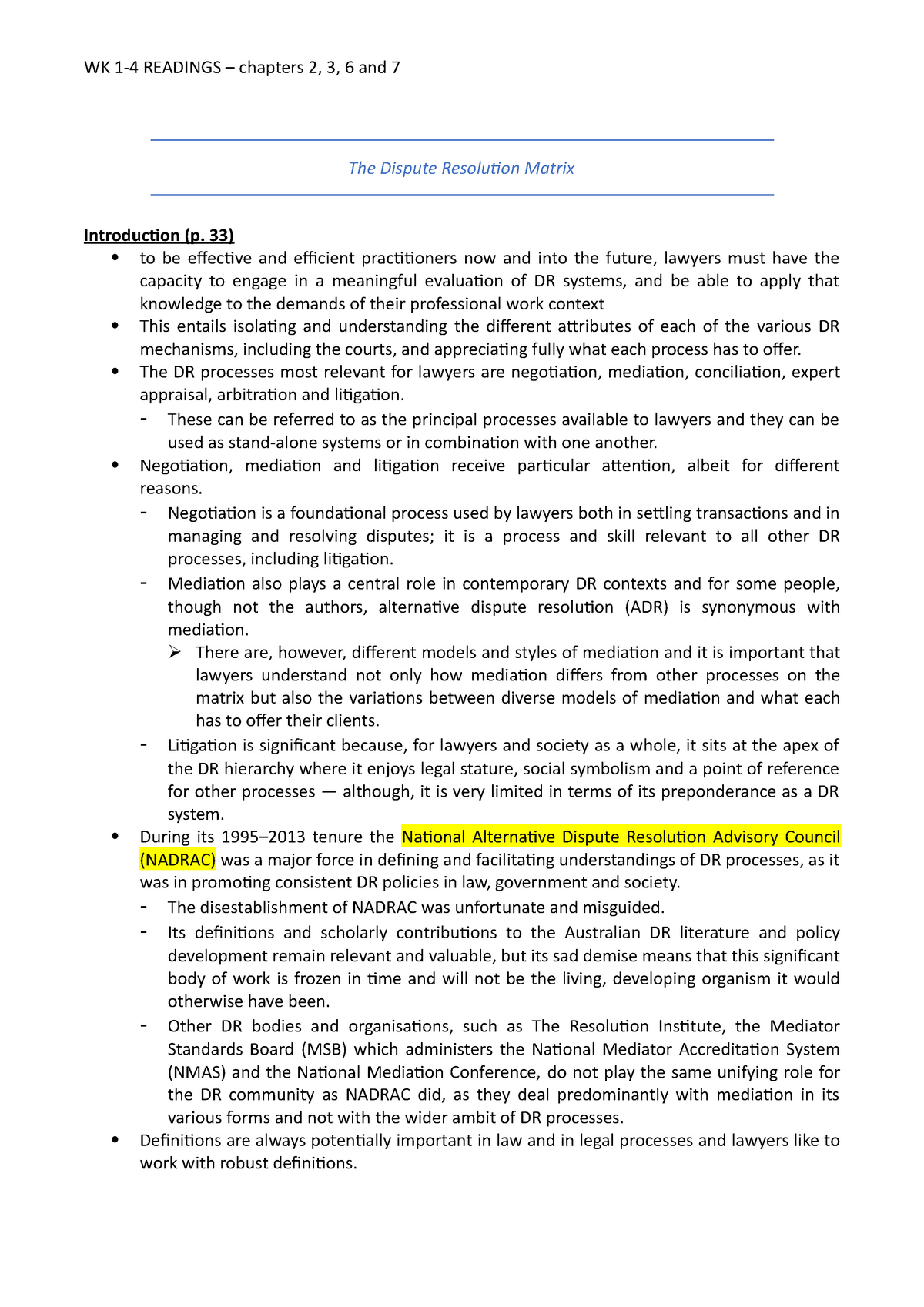 Weeks 1 to weeks 4 readings - The Dispute Resolution Matrix ...