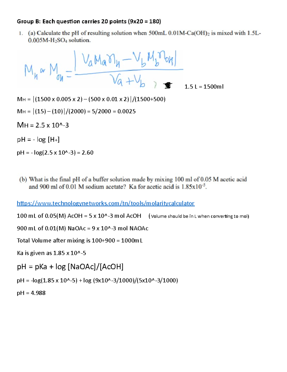 General Chemistry II Final Test Answers - Group B: Each Question ...