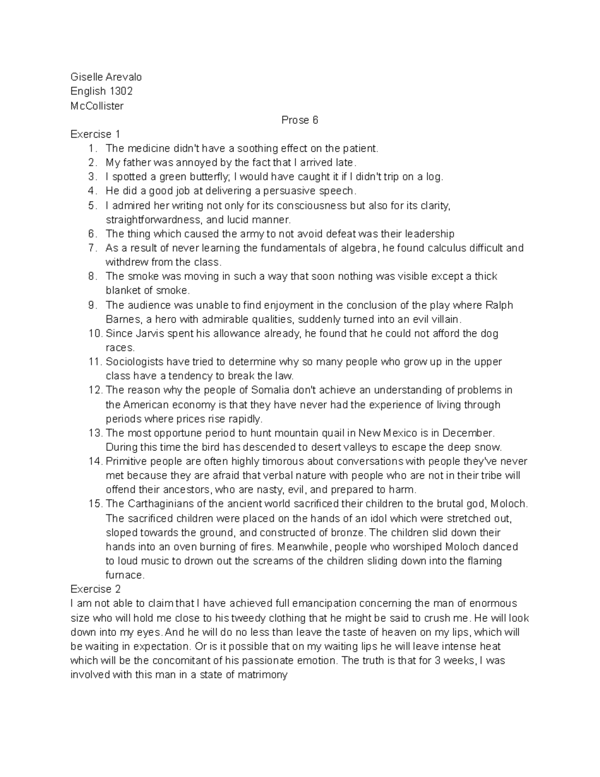 prose practice exercises 6 - Giselle Arevalo English 1302 McCollister ...