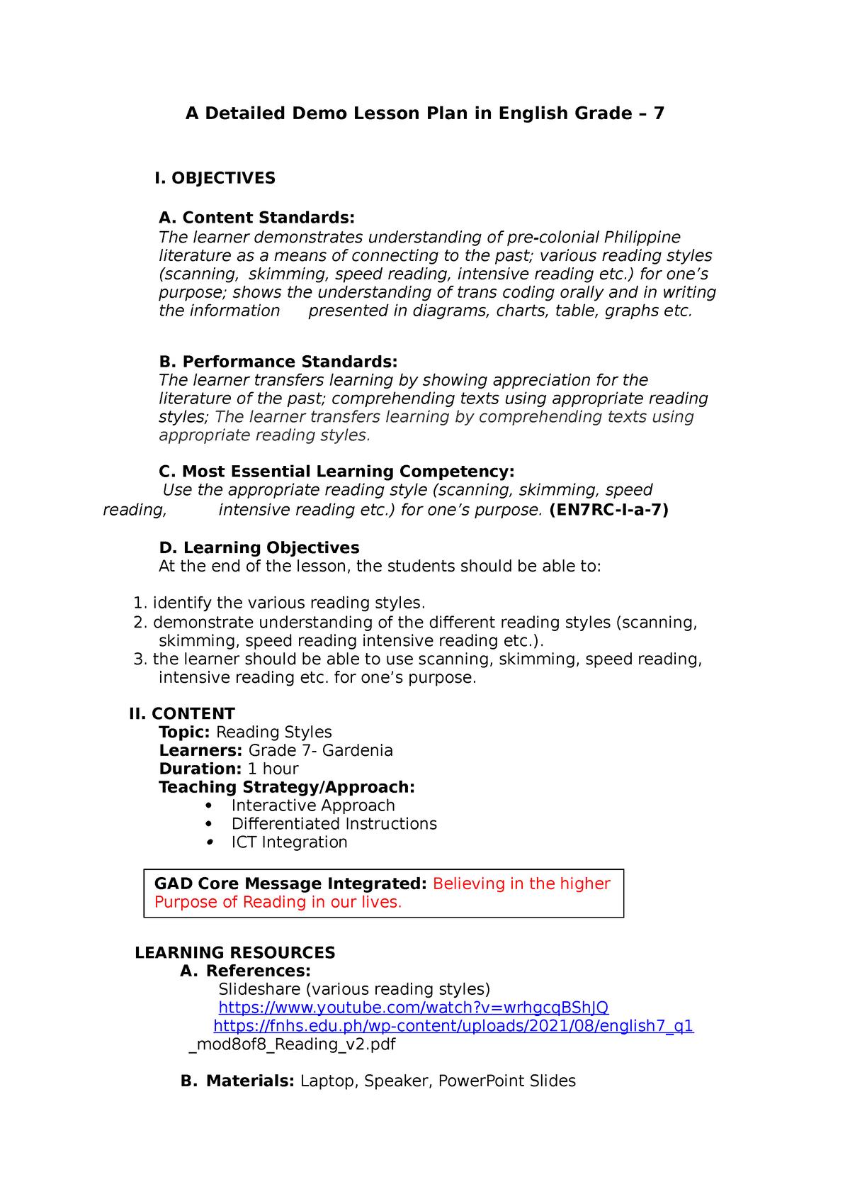 A Detailed Demo Lesson Plan In English Grade Objectives A Content Standards The Learner 6416