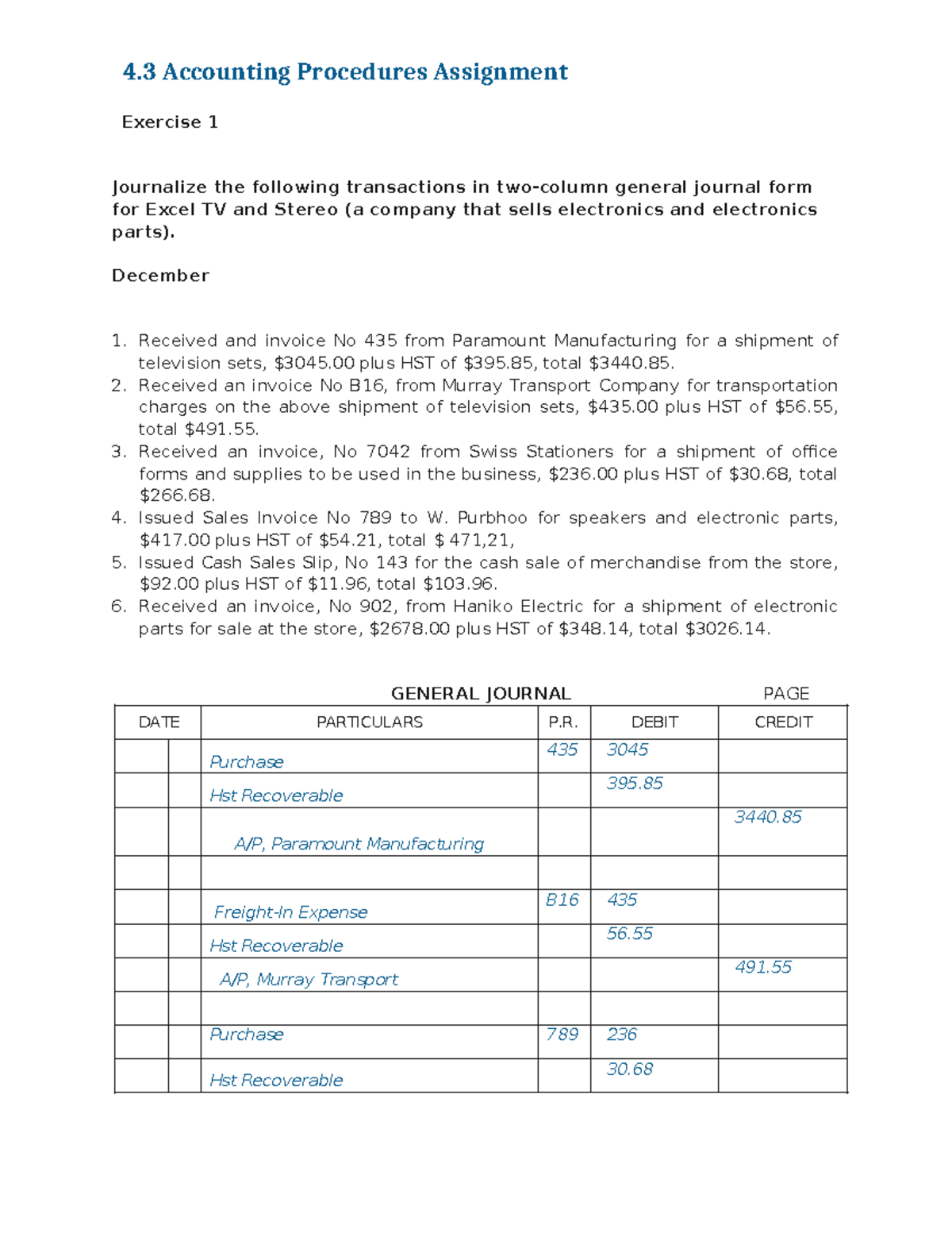 4.3 Accounting Procedures Assignment 1 - Copy - 4 Accounting Procedures ...