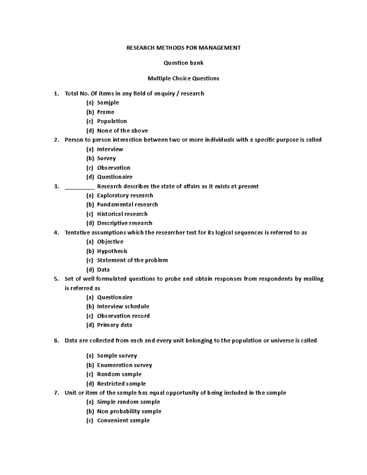 Research Methodology Multiple Choice Questions - RESEARCH METHODS FOR ...