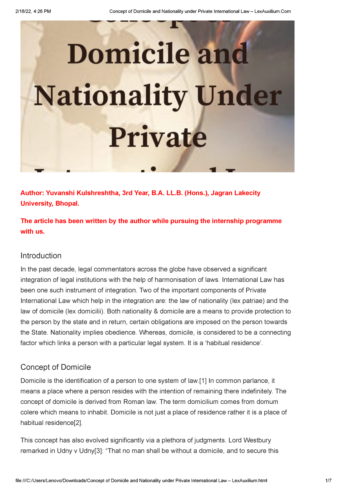 Concept Of Domicile And Nationality Under Private International Law 