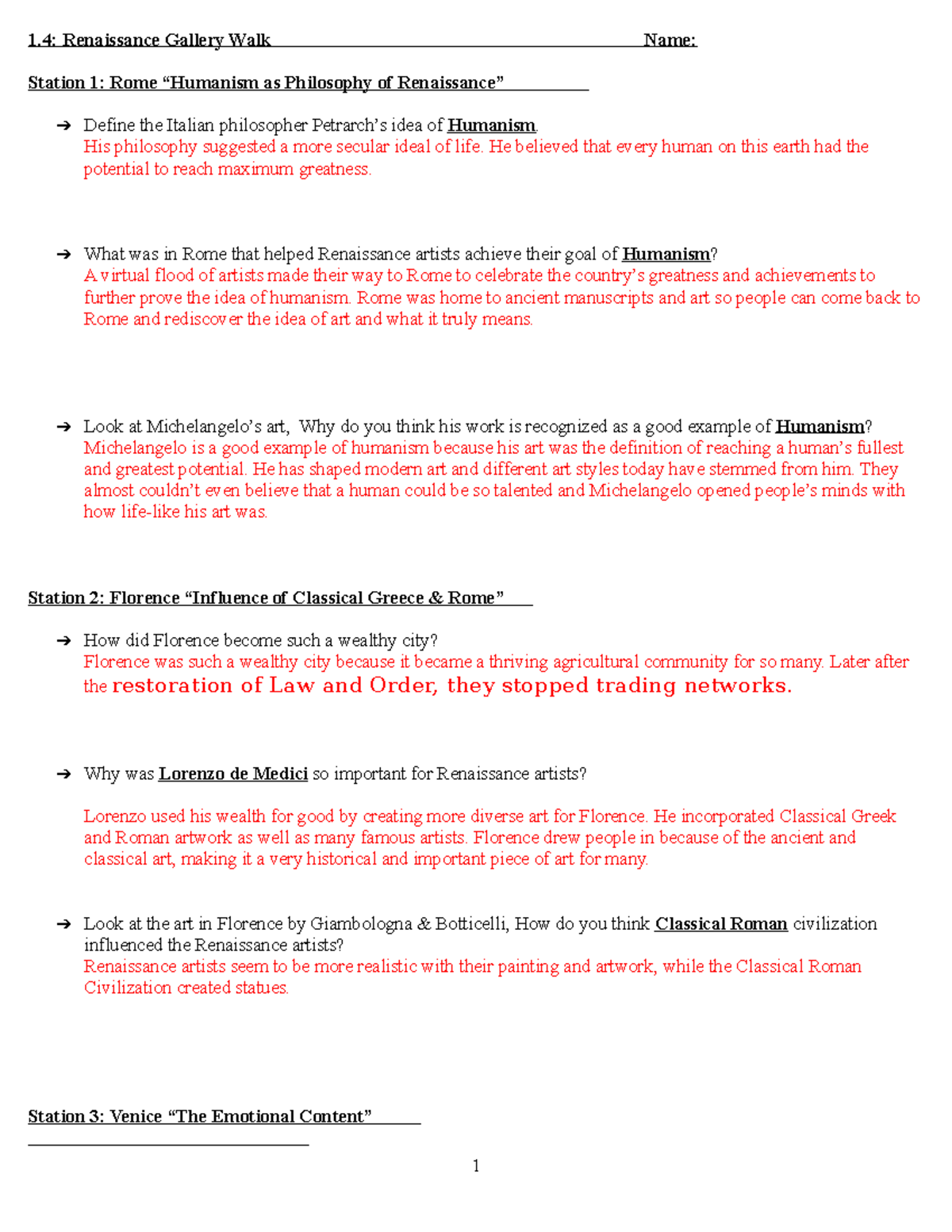 Glary Walk for Students 1 Renaissance Gallery Walk Name Station 1