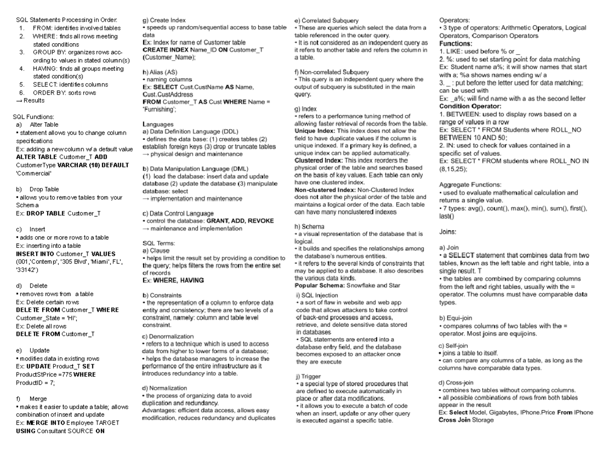 ISM4210 - Midterm Cheat sheet - SQL Statements Processing in Order: 1 ...