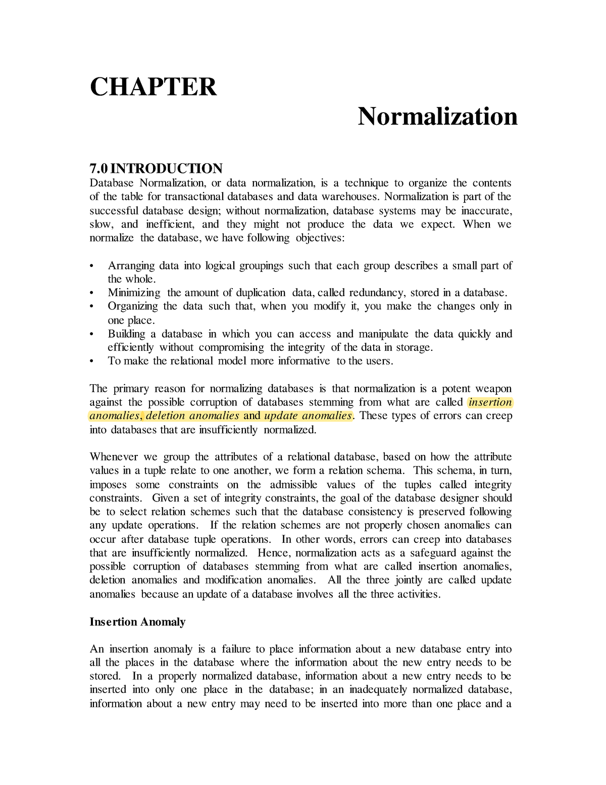 Chapter 5 Normalization - CHAPTER Normalization 7 INTRODUCTION Database ...