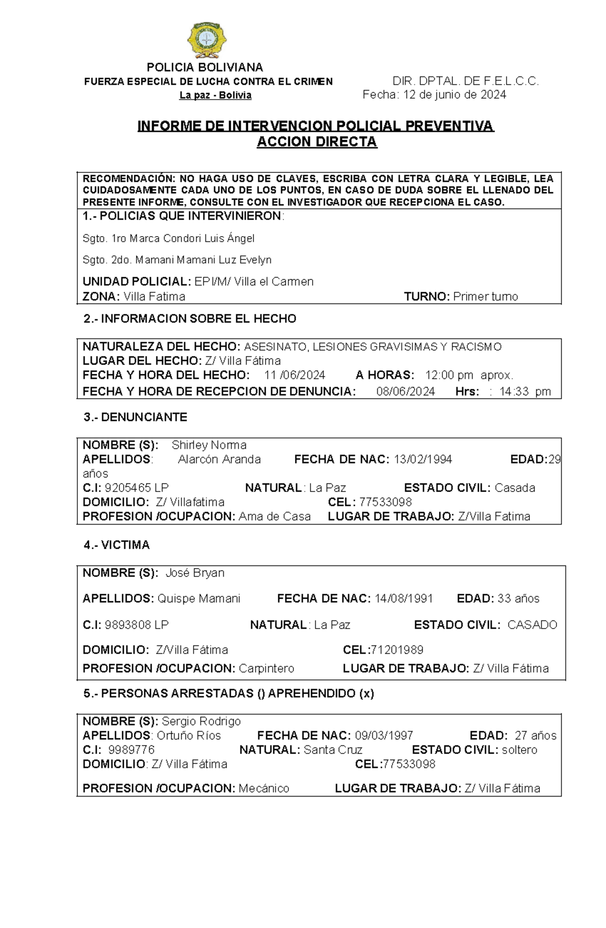 Informe policial (12) - sdfdf - POLICIA BOLIVIANA FUERZA ESPECIAL DE ...