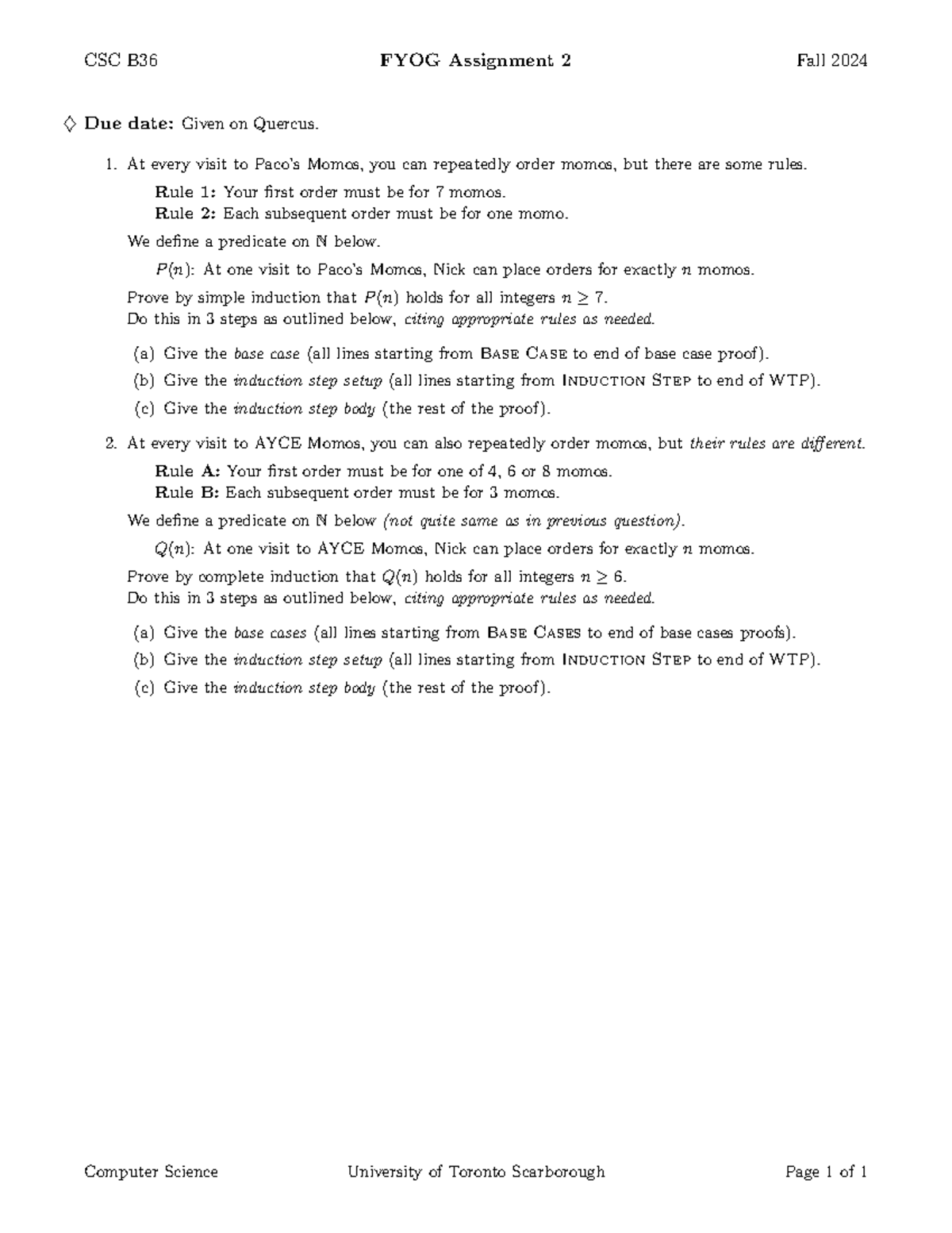 Fyog2 - notes - CSC B36 FYOG Assignment 2 Fall 2024 ♦ Due date: Given ...
