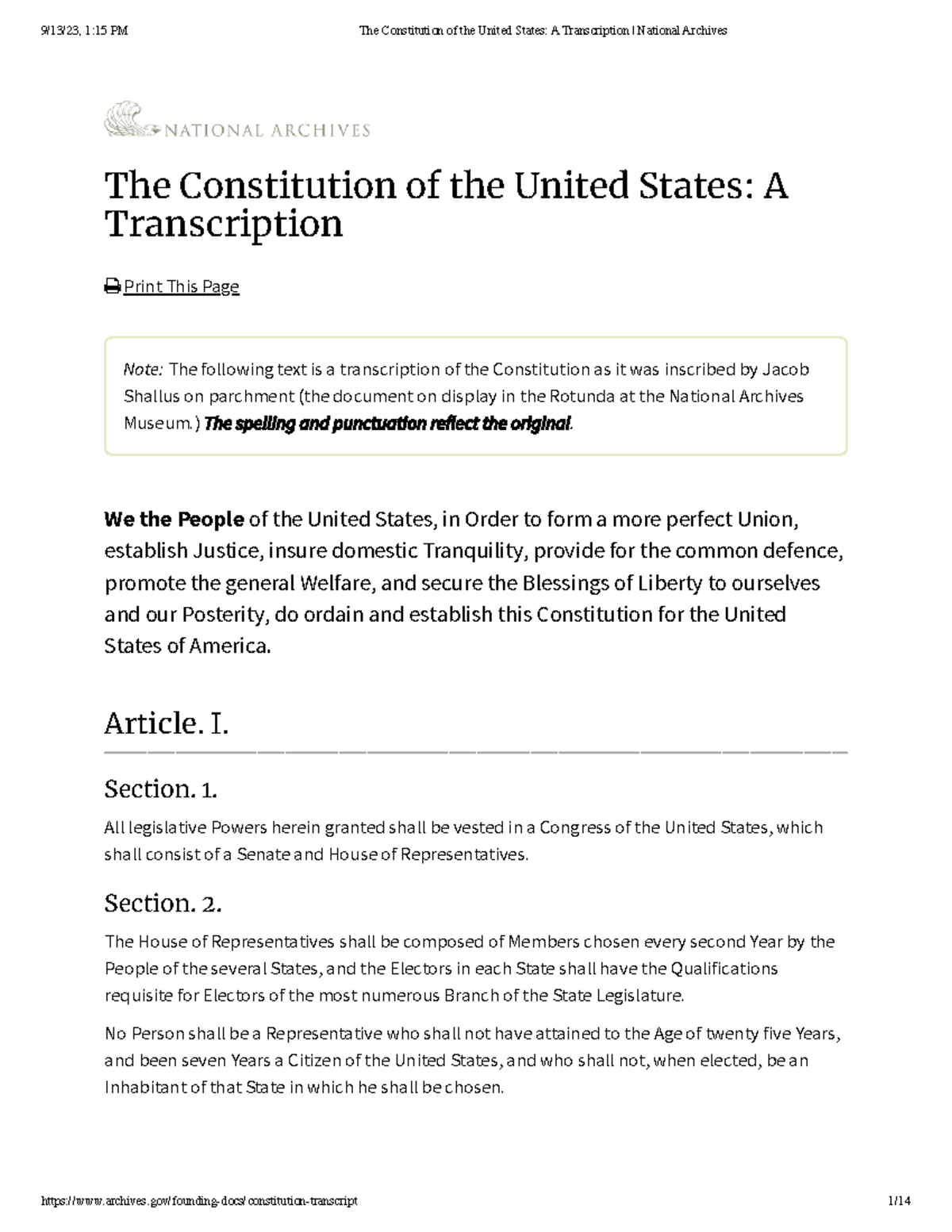 The Constitution of the United States A Transcription National Archives - The Constitution of ...