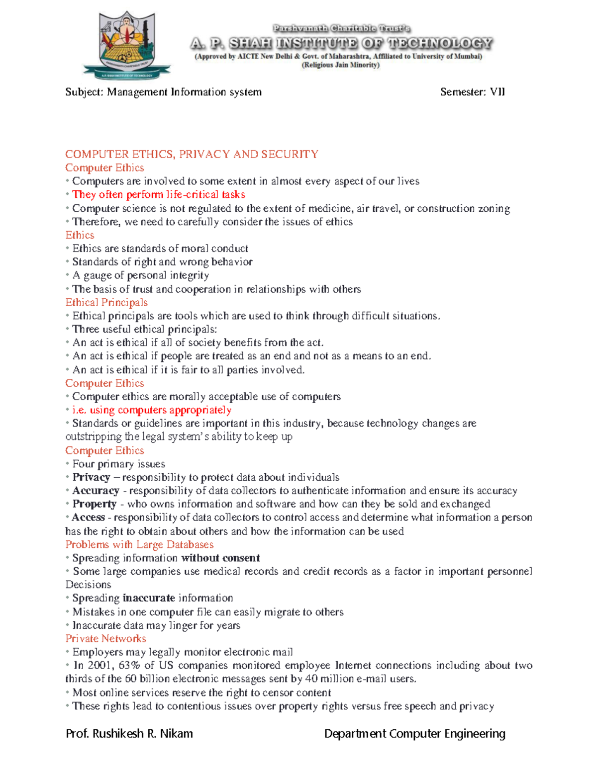 Chapter 3-notes - This is the notes of BDA - COMPUTER ETHICS, PRIVACY ...