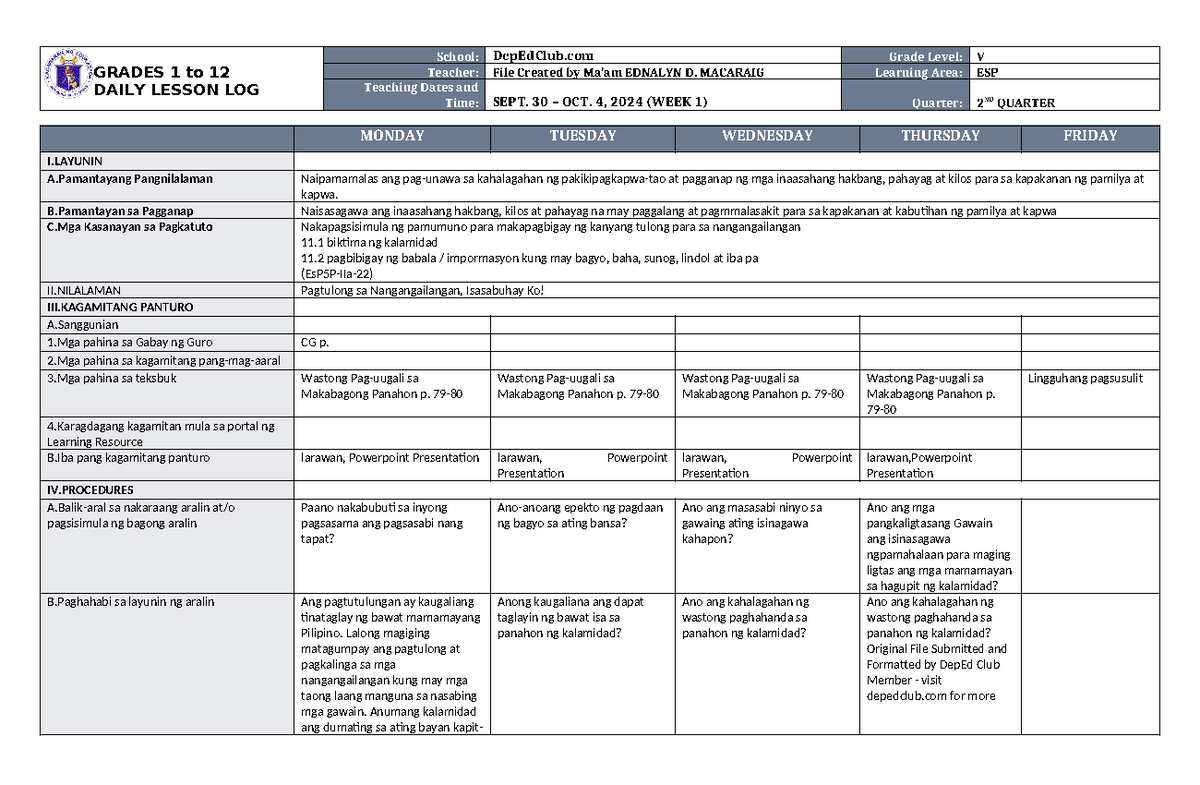 DLL ESP 5 Q2 W1 - dll for teacher - GRADES 1 to 12 DAILY LESSON LOG ...