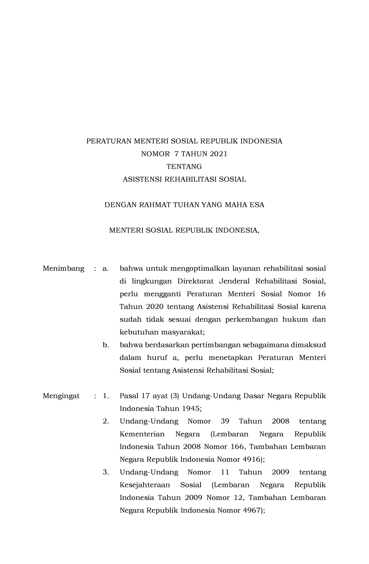 Undang 2-UU- Permensos Nomor 7 Tahun 2021 - PERATURAN MENTERI SOSIAL ...