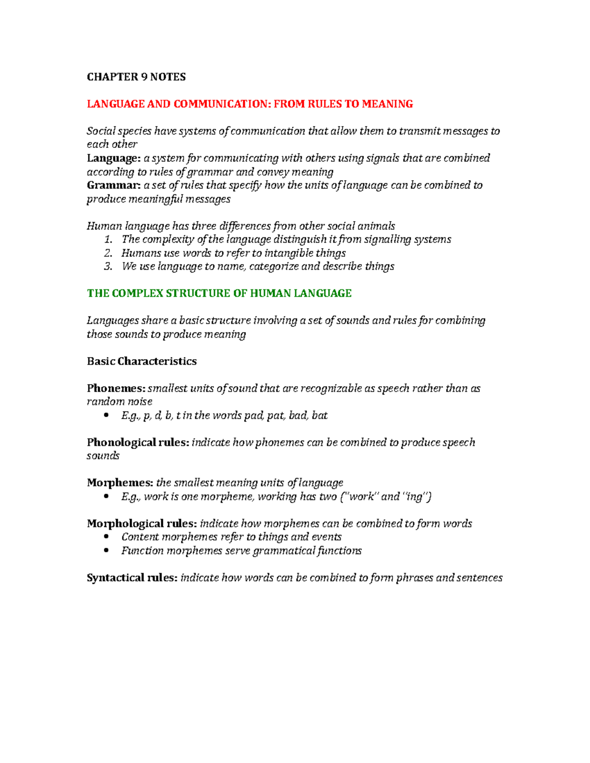 Psyc 304 ch9 - Lecture notes 9 - CHAPTER 9 NOTES LANGUAGE AND ...