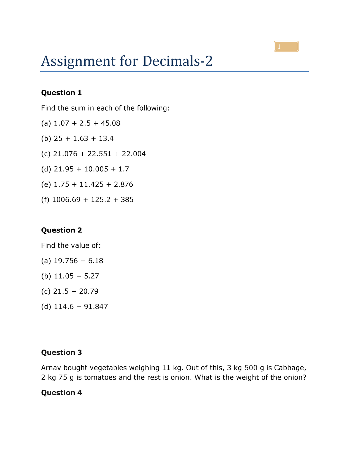 assignment on decimals for class 6