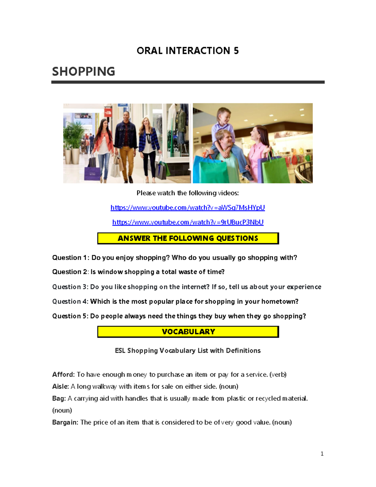 Oral Interaction 5 Instructions - 1 SHOPPING ORAL INTERACTION 5 Please ...