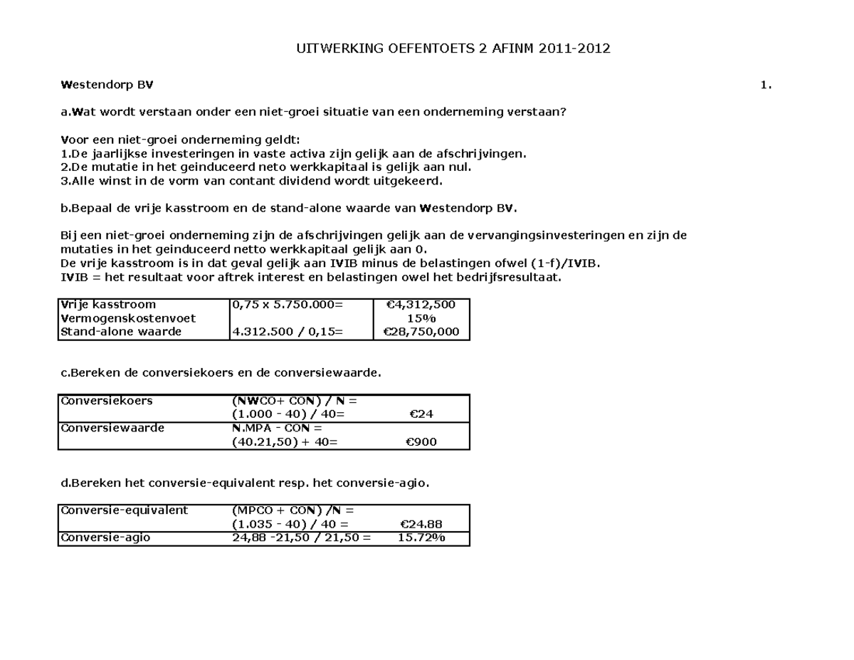 Proef/oefen Tentamen 4 Mei 2012, Antwoorden Uitwerking Oefentoets 2 ...