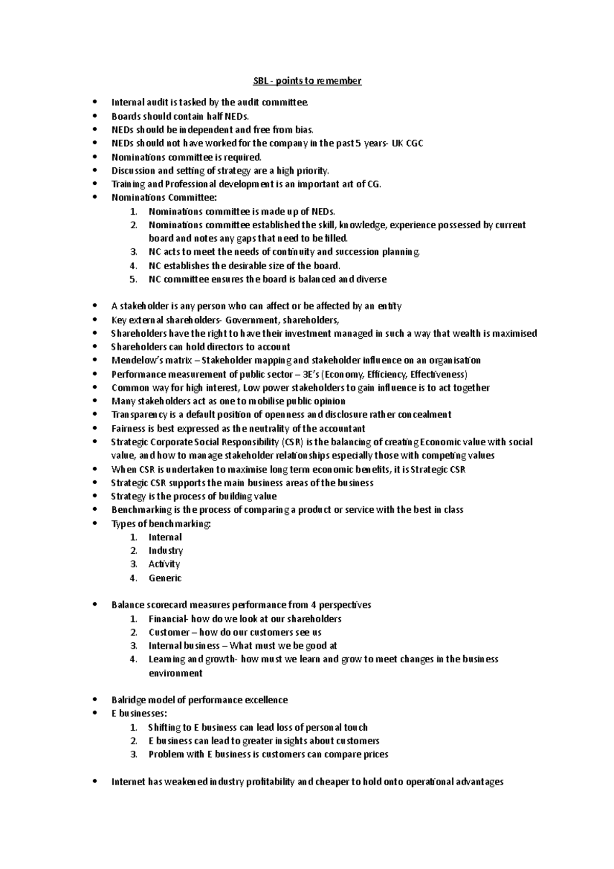 SBL Notes - SBL - points to remember Internal audit is tasked by the ...