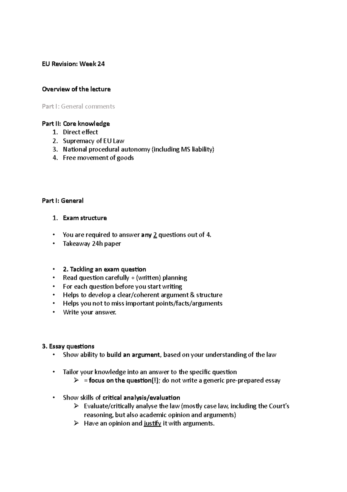 EU Revision (Week 24) - EU law - EU Revision: Week 24 Overview of the ...