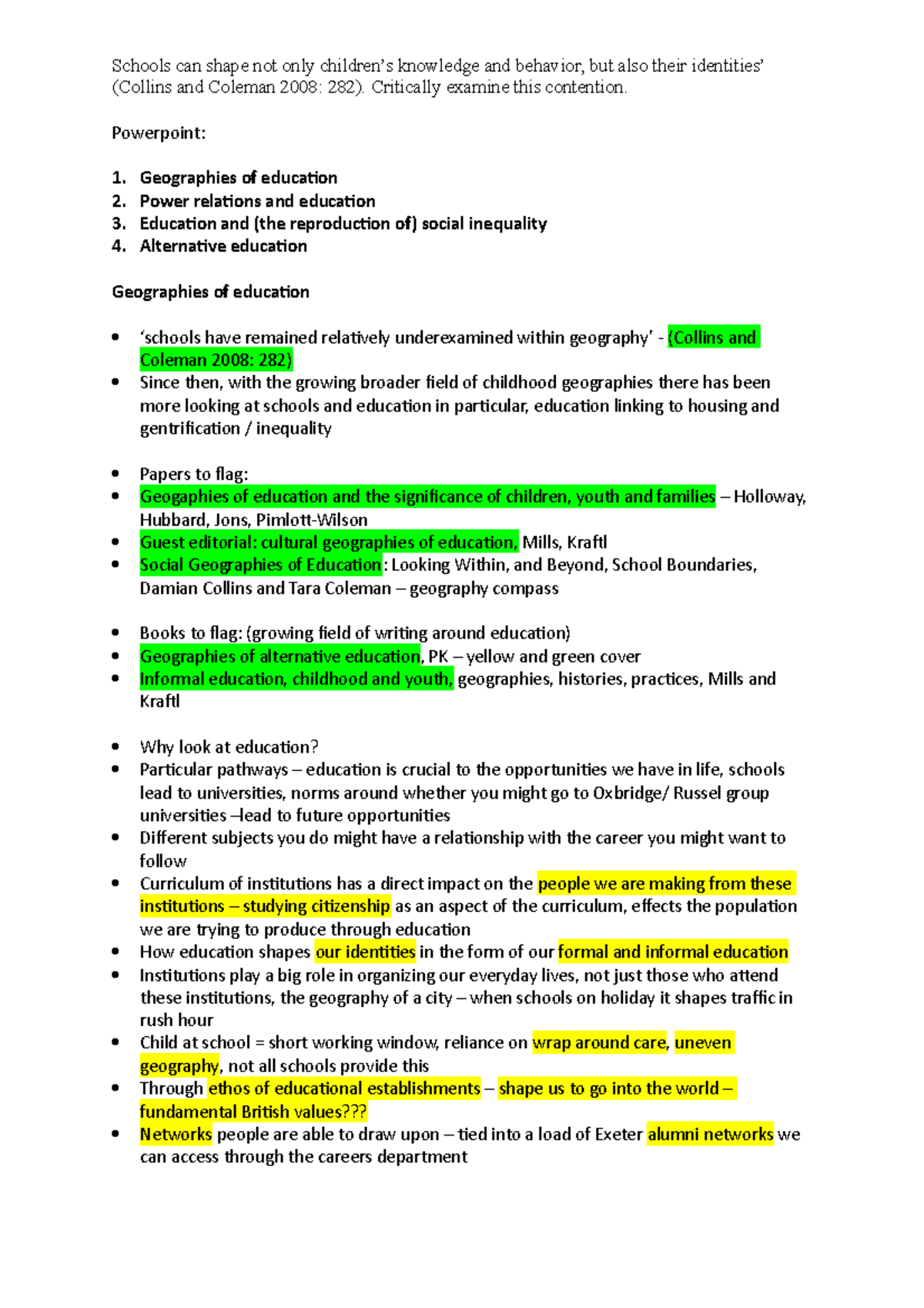 Education notes - (Collins and Coleman 2008: 282). Critically examine ...