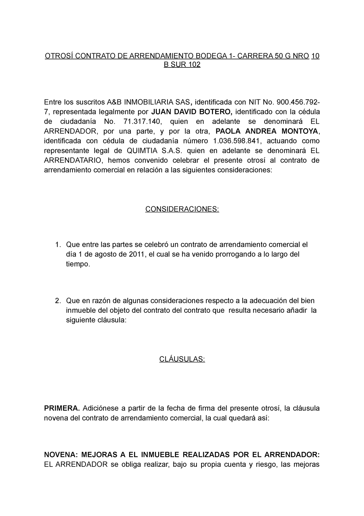 Otrosí Contrato DE Arrendamiento Bodega 1- Carrera 50 G NRO (1 ...