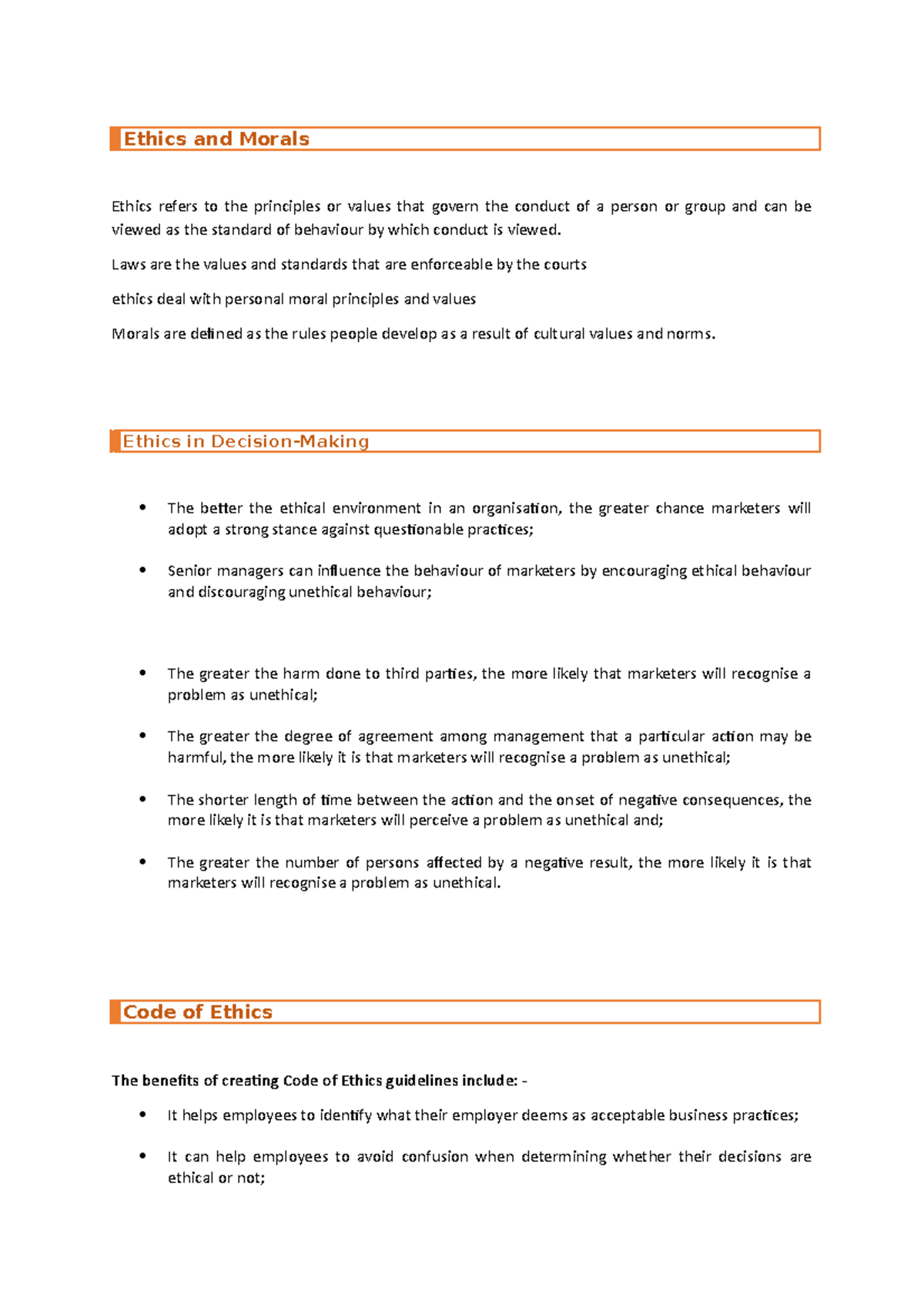 M6 lecture notes - Introduction to Commerce - Ethics and Morals Ethics ...